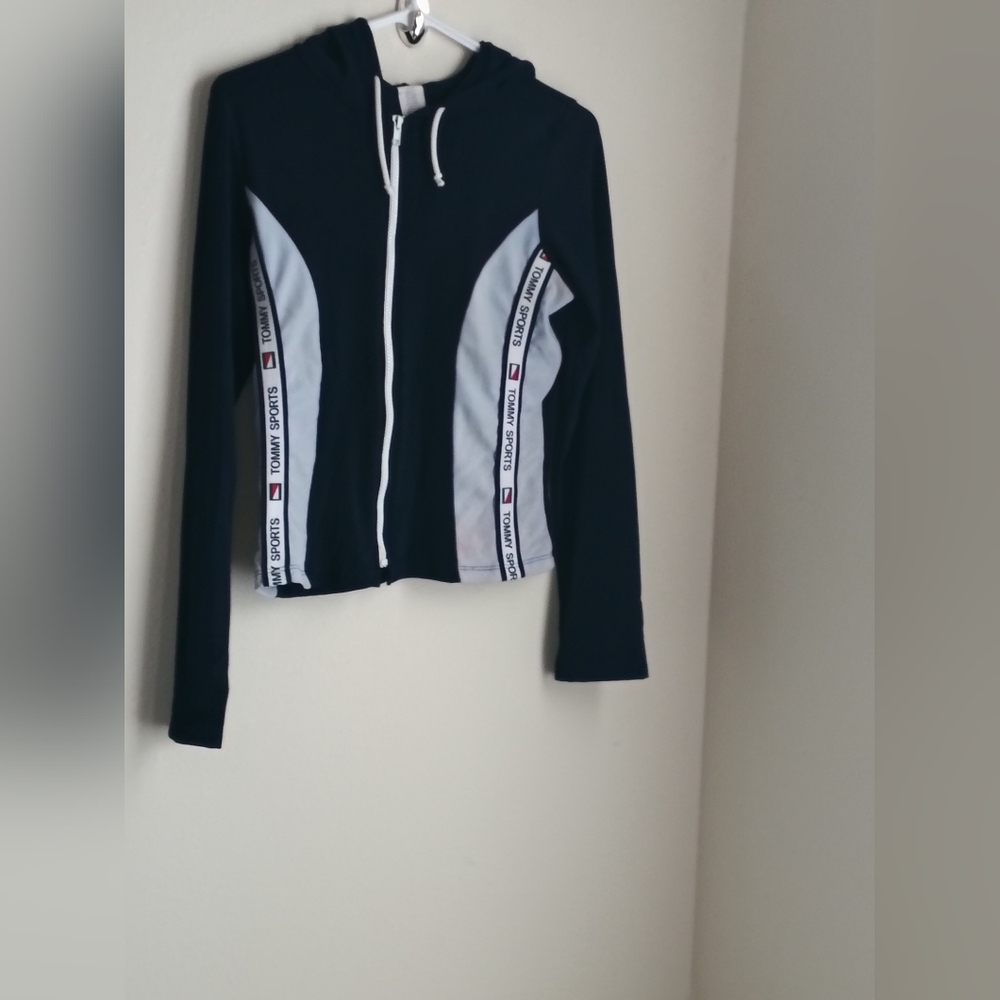 Tommy Sports Jacket Women XL Navy and White Zip-Up Workout Casual Academia VTG